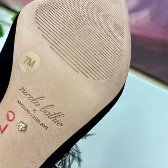 Antonio Melani x Nicola Bathie Liz Ostrich Feathers Rhinestone Suede Dress Mules - Picture 12 of 14